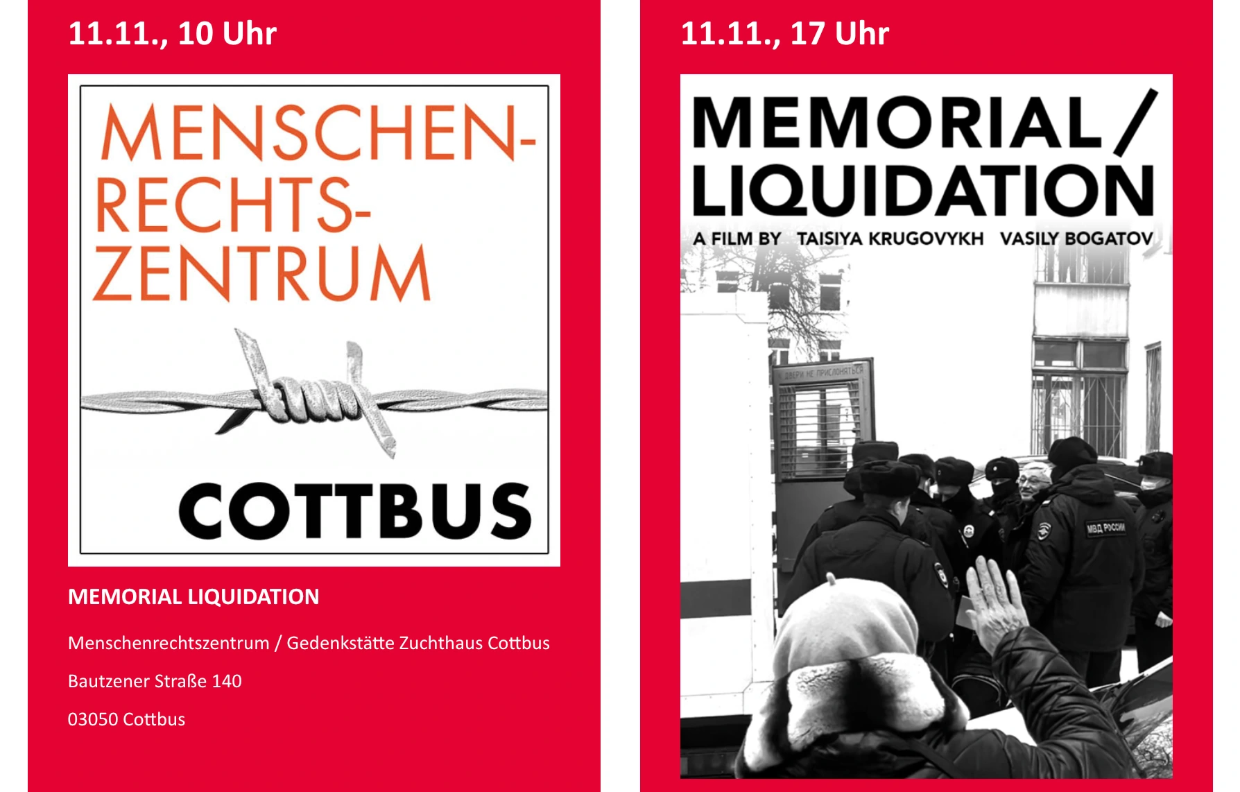 Announcement of the November 11 workshops at Gedenkstätte Zuchthaus Cottbus, featuring MEMORIAL / LIQUIDATION