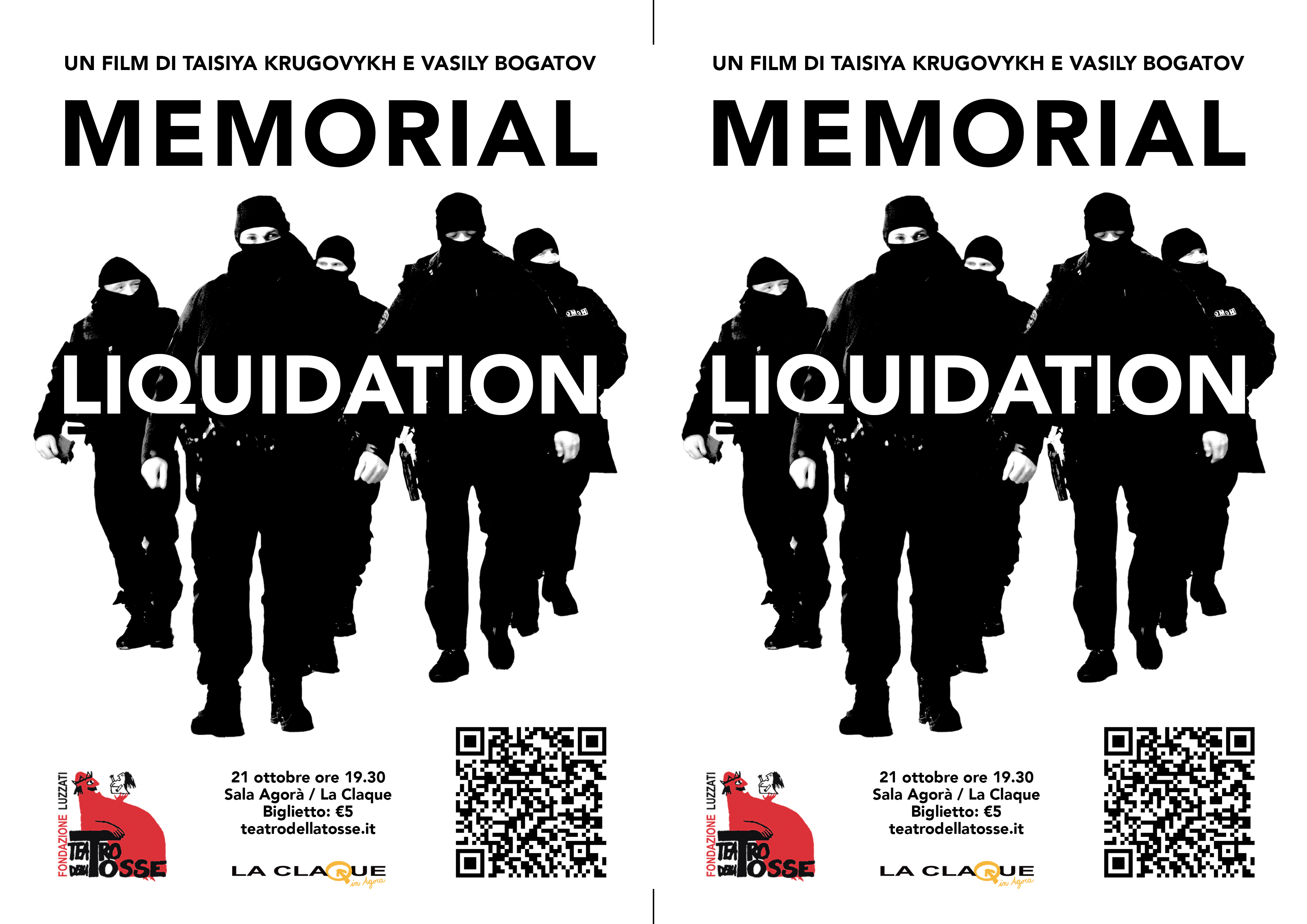 MEMORIAL / LIQUIDATION screening leaflet — Teatro della Tosse, Genova, October 21 at 7:30 PM